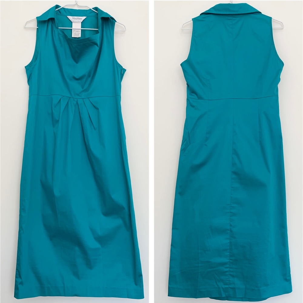 MaxMara Teal Blue Cotton Blend Drape Neck Collar Sleeveless Cocktail Dress